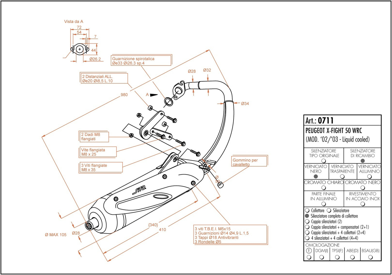 Complete Catalytic Exhaust System With Sound Certification Sito Stainless Steel - Leovince Compatible With Peugeot X-Fight 50 Wrc Liquid (2002-2003)