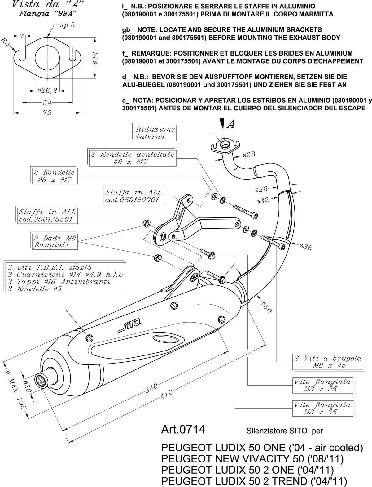 Complete Catalytic Exhaust System With Sound Certification Sito Stainless Steel - Leovince Compatible With Peugeot New Vivacity (2008-2012)