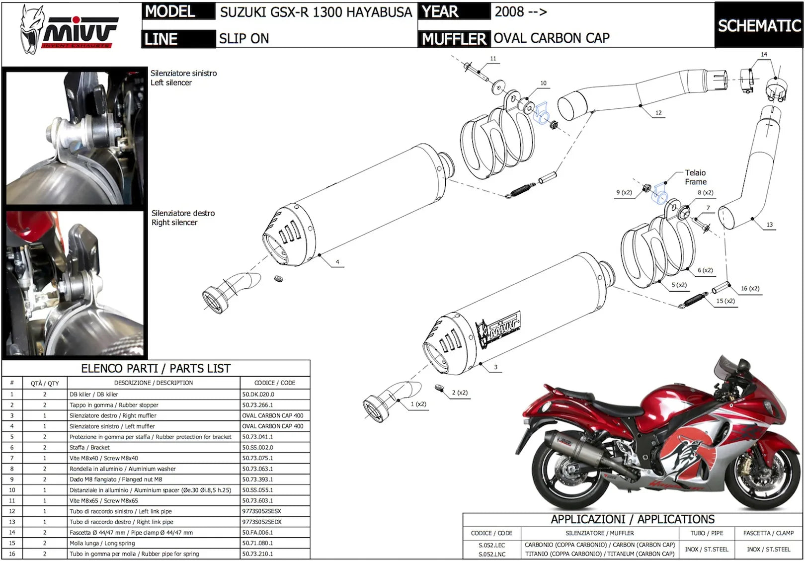 Dual Exhaust System With Sound Certification Oval Carbon Carbon - Mivv Compatible With Suzuki Gsx-R 1300 Hayabusa (2008-2017)