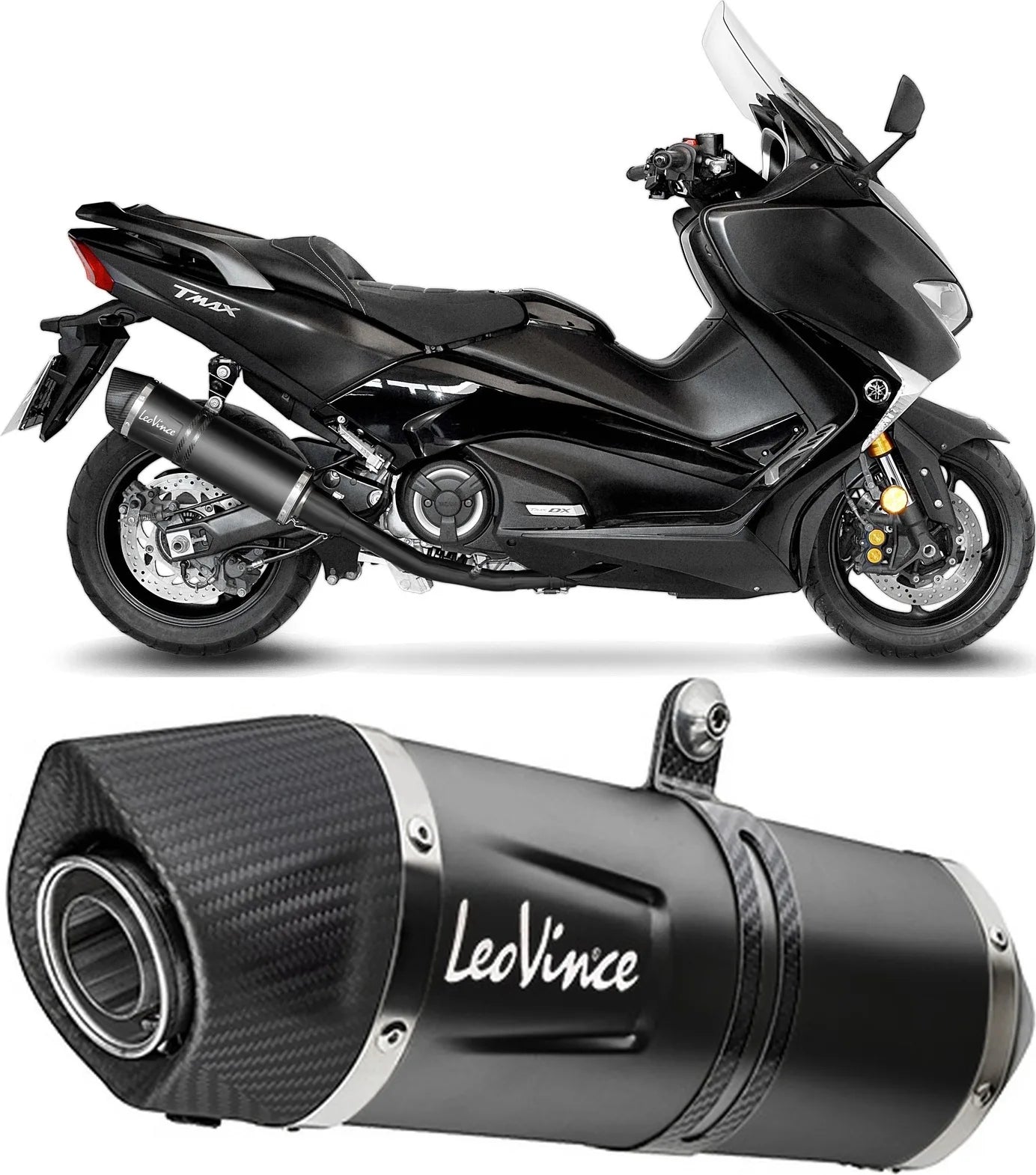 Complete Exhaust System Without Catalytic Converter And Without Sound Certification Lv One Evo Steel Full Black Carbon Fiber End Cap - Leovince Compatible With Yamaha Xp 560 T-Max Tech Max (2020-2024)