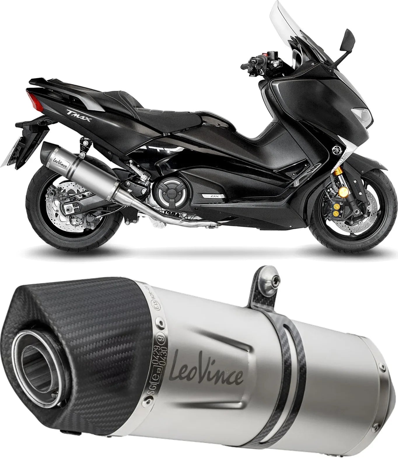 Complete Exhaust System Without Catalytic Converter And Without Sound Certification Lv One Evo Stainless Steel Carbon Fiber End Cap - Leovince Compatible With Yamaha Yp 530 T-Max Abs Sx (2017-2019)