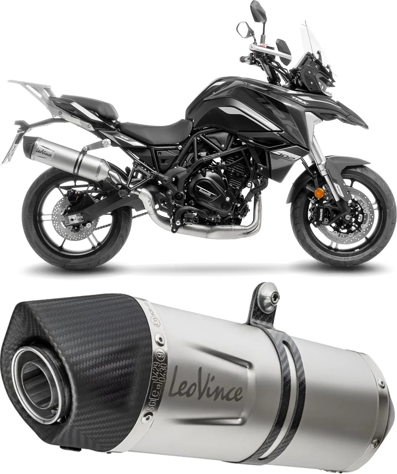 Exhaust Tip Without Sound Certification Lv One Evo Stainless Steel Carbon Fiber End Cap - Leovince Compatible With Benelli Trk 702 - X (2023-2024)