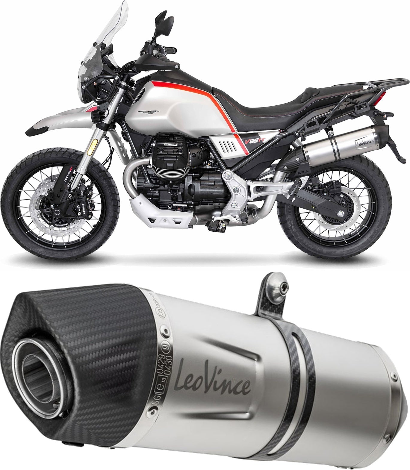 Exhaust Tip Without Sound Certification Lv One Evo Stainless Steel Carbon Fiber End Cap - Leovince Compatible With Moto Guzzi V85 Tt (2019-2023)