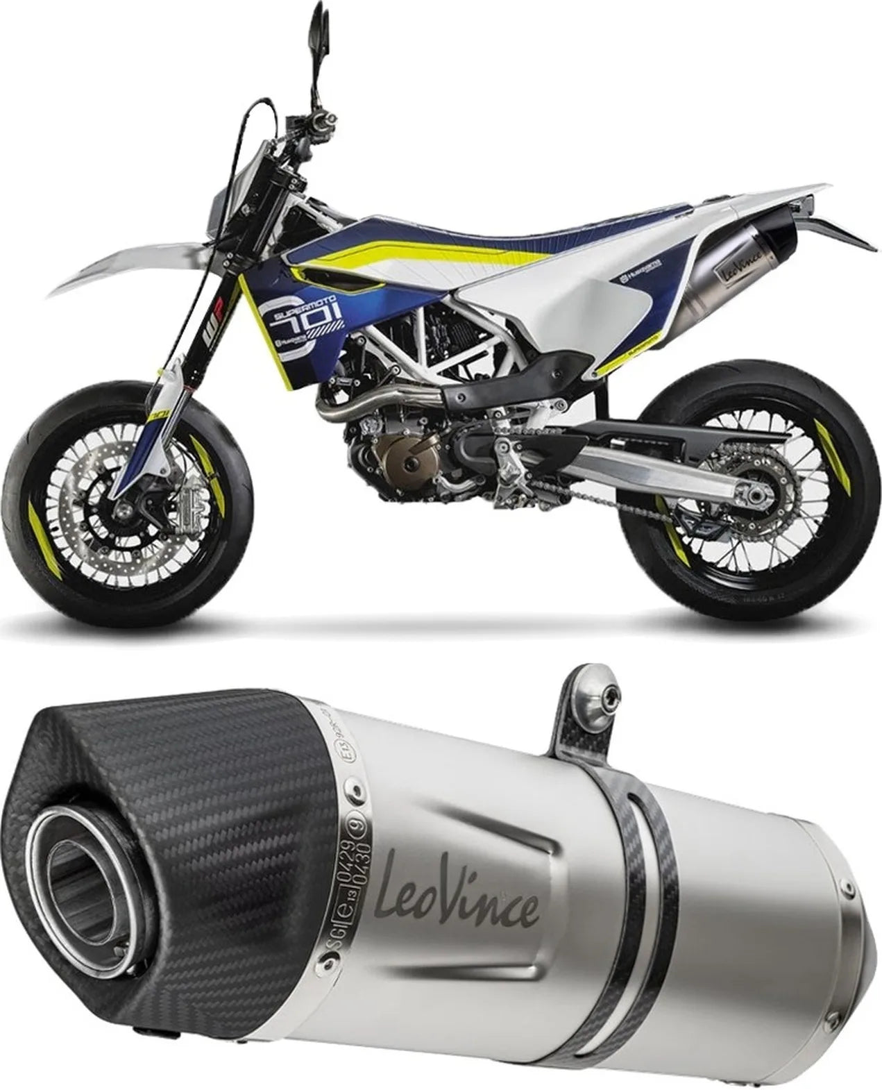 Exhaust Tip Without Sound Certification Lv One Evo Stainless Steel Carbon Fiber End Cap - Leovince Compatible With Husqvarna 701 Supermoto (2017-2020)