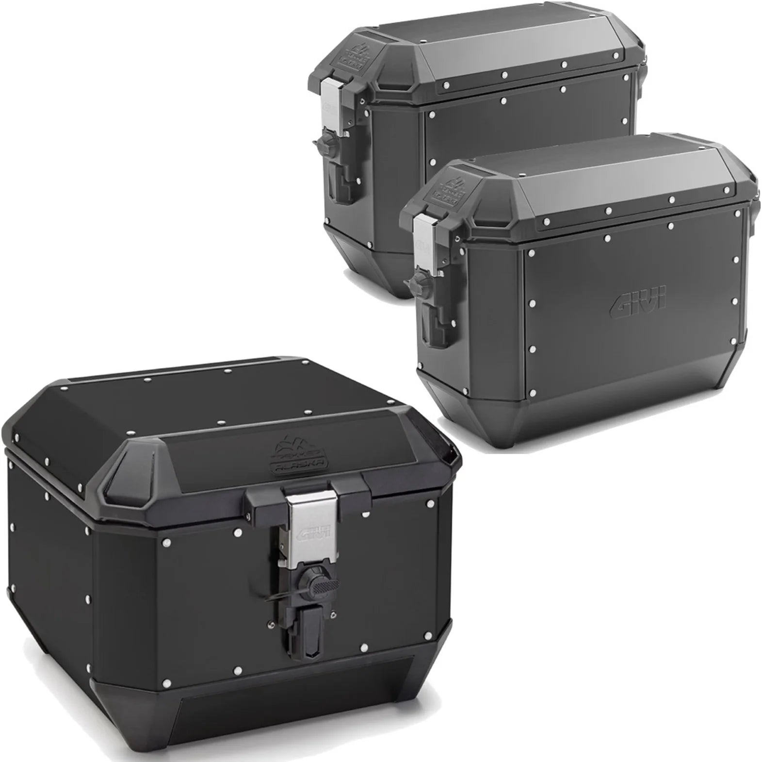 Trekker Alaska Aluminium Black Top Case + Side Cases - 116 Lt Trekker Alaska Aluminium - Givi Compatible With Triumph Bonneville T100 (2017-2022)