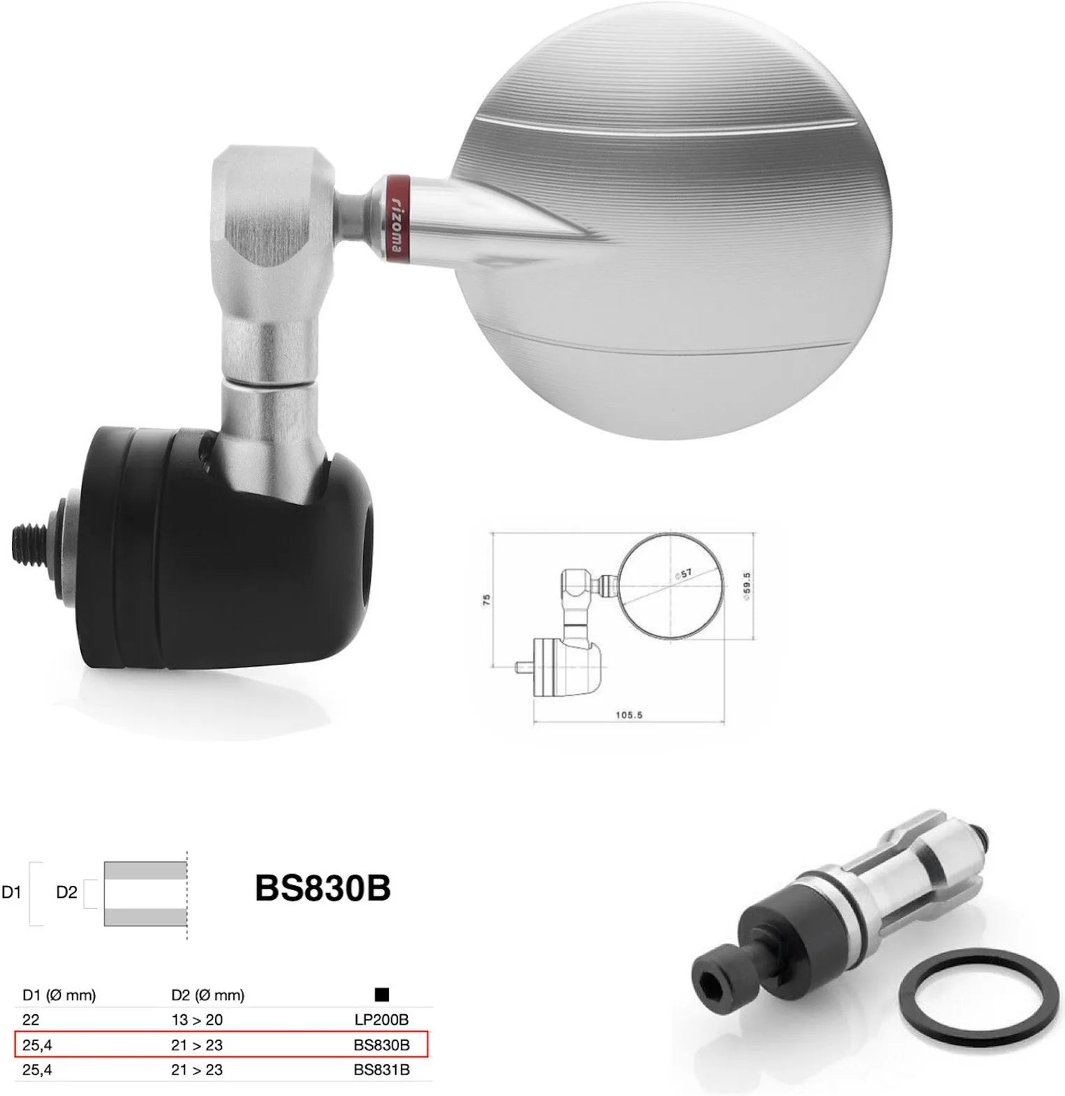 Mirror End Mount Right Universal Ø24,5(21>23) Spy-R Ø57 - Rizoma Compatible With Ktm