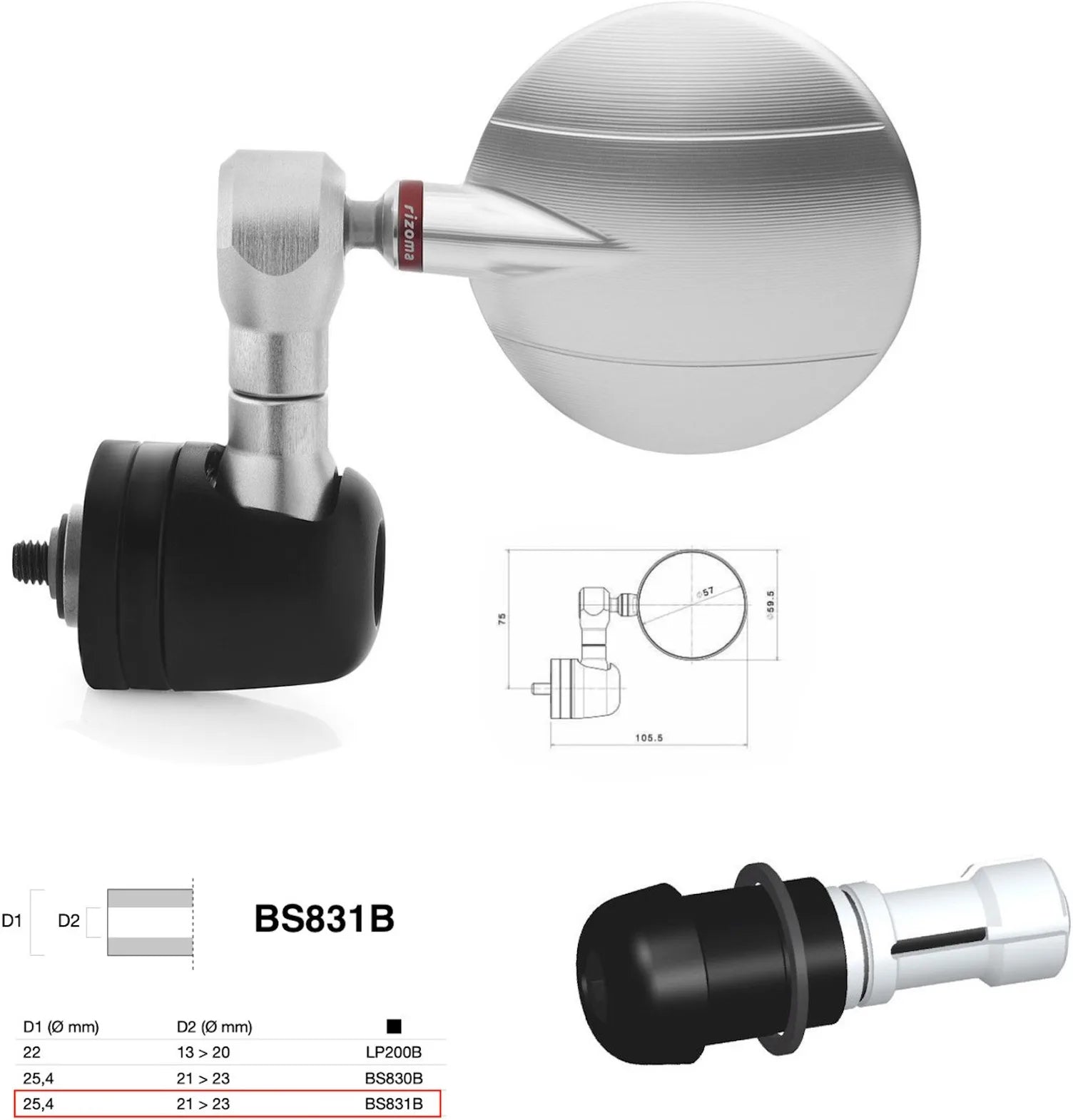 Mirror End Mount Right Universal Ø24,5(21>23) Spy-R Ø57 - Rizoma Compatible With Yamaha