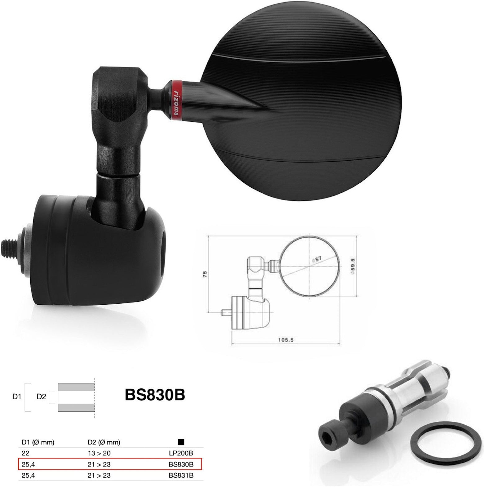 Mirror End Mount Left Universal Ø24,5(21>23) Spy-R Ø57 - Rizoma Compatible With Moto Guzzi