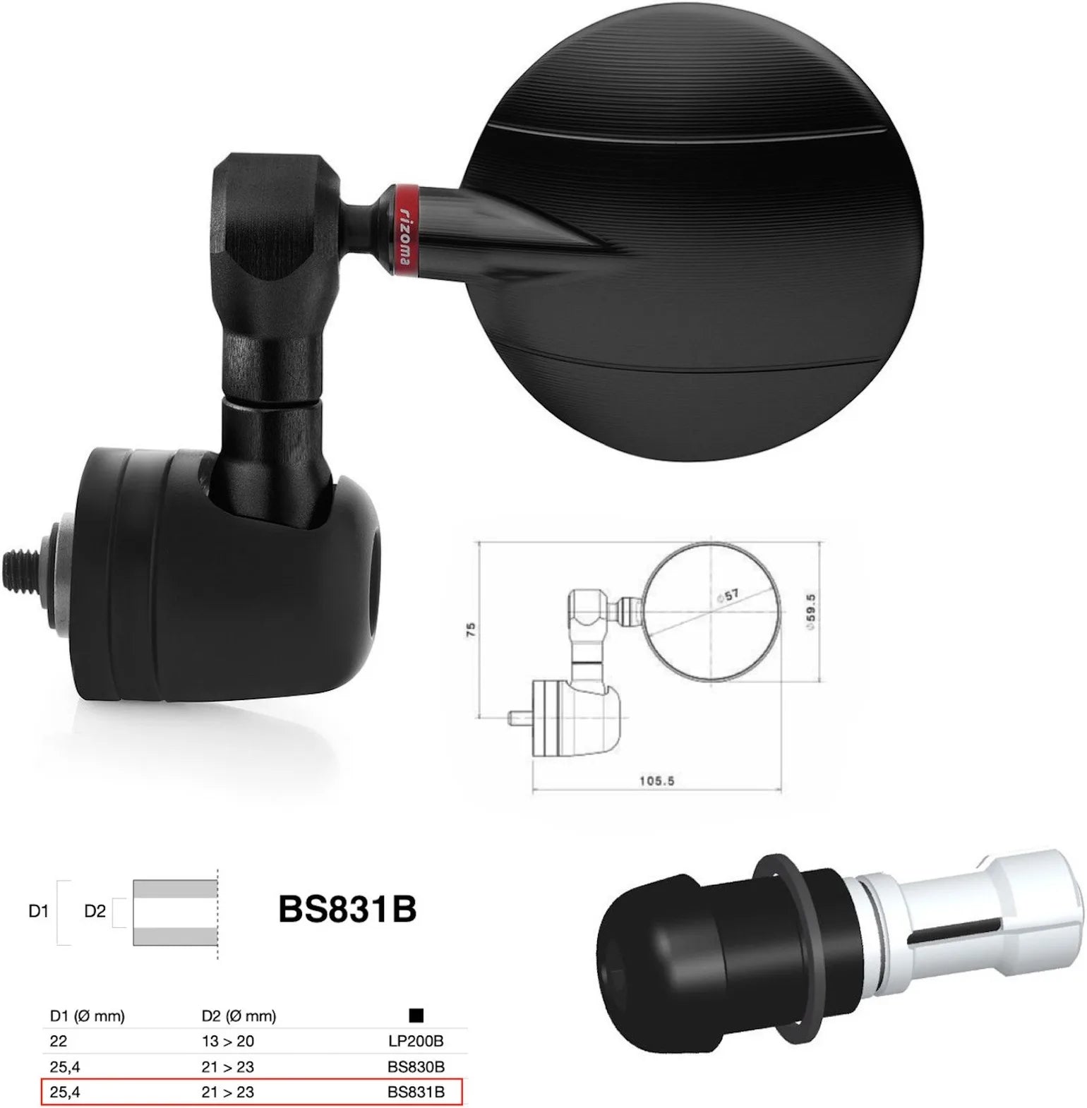Mirror End Mount Left Universal Ø24,5(21>23) Spy-R Ø57 - Rizoma Compatible With Mv Agusta
