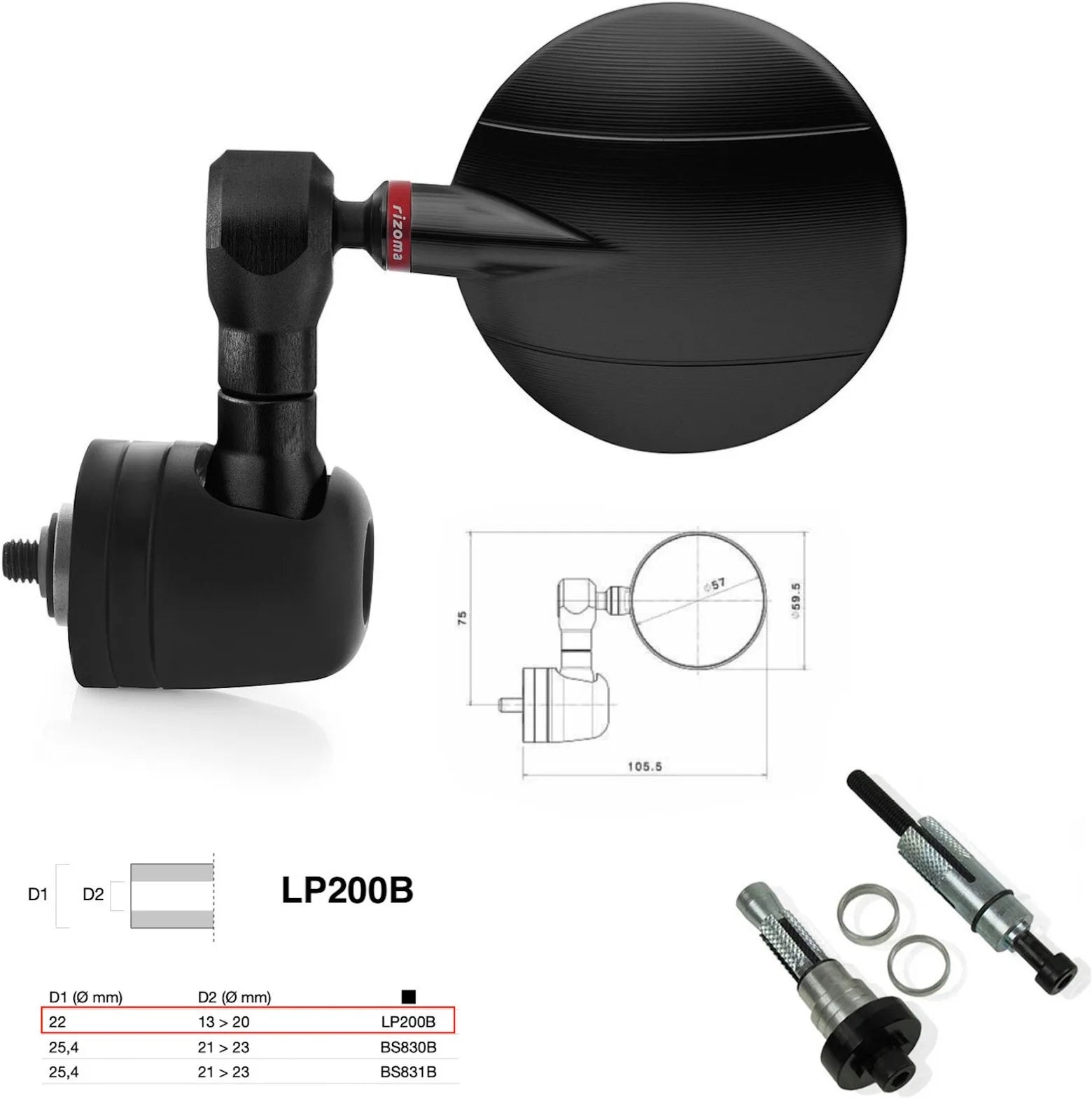 Mirror End Mount Left Universal Ø22(13>20) Spy-R Ø57 - Rizoma Compatible With Benelli