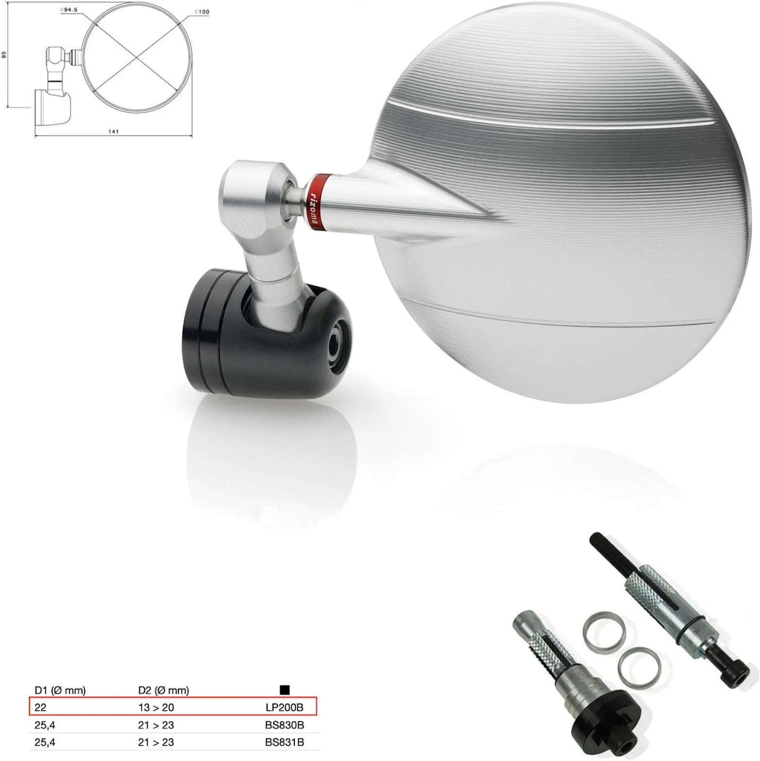 Mirror End Mount Right Universal Ø22(13>20) Spy-R Ø94.5 - Rizoma Compatible With Benelli