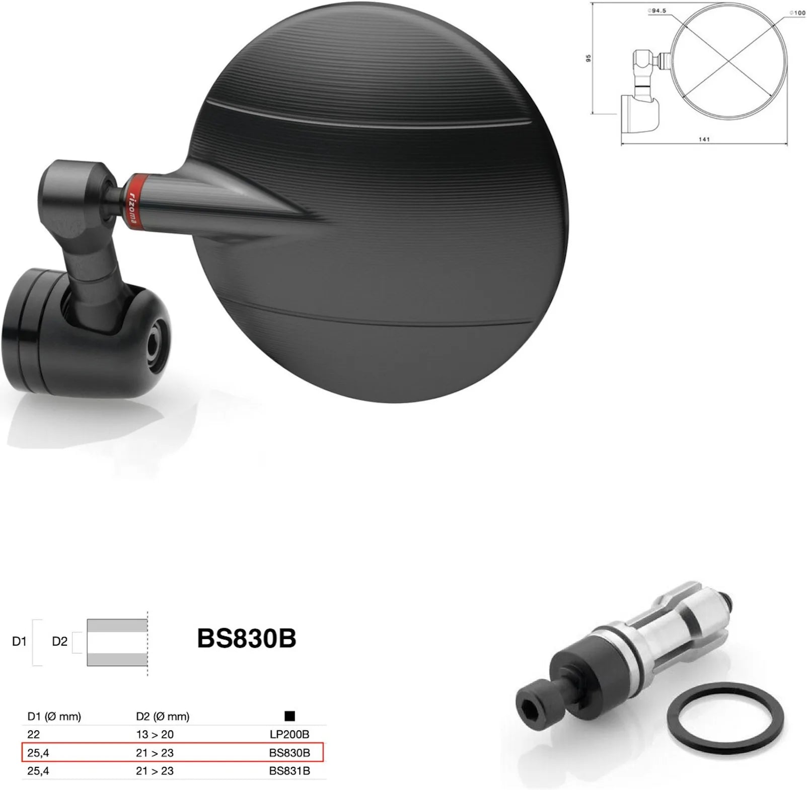 Mirror End Mount Left Universal Ø24,5(21>23) Spy-R Ø94.5 - Rizoma Compatible With Ktm
