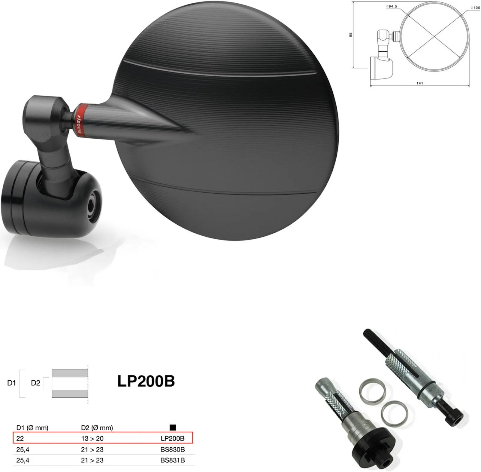 Mirror End Mount Left Universal Ø22(13>20) Spy-R Ø94.5 - Rizoma Compatible With Kawasaki