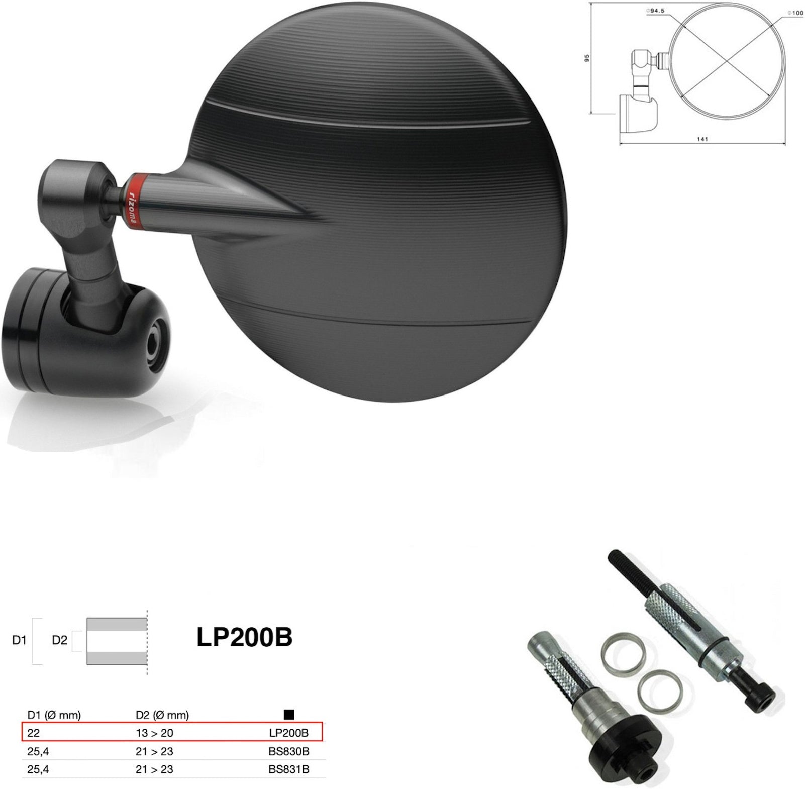 Mirror End Mount Left Universal Ø22(13>20) Spy-R Ø94.5 - Rizoma Compatible With Moto Guzzi