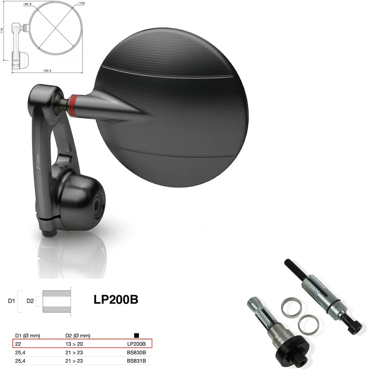 Mirror End Mount Right Universal Ø22(13>20) Spy-Arm Ø94.5 - Rizoma Compatible With Kawasaki