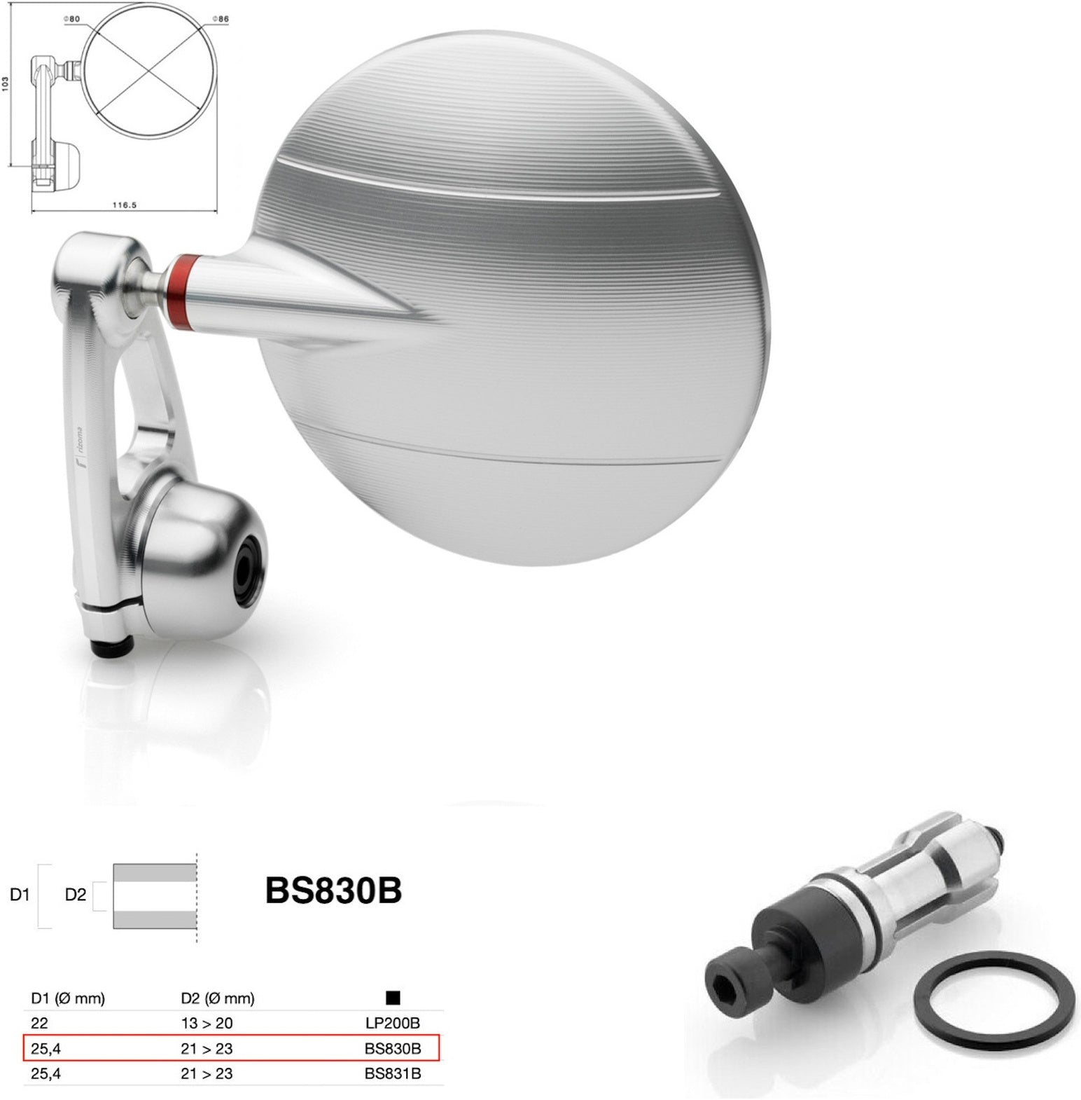 Mirror End Mount Left Universal Ø24,5(21>23) Spy-Arm Ø80 - Rizoma Compatible With Moto Guzzi