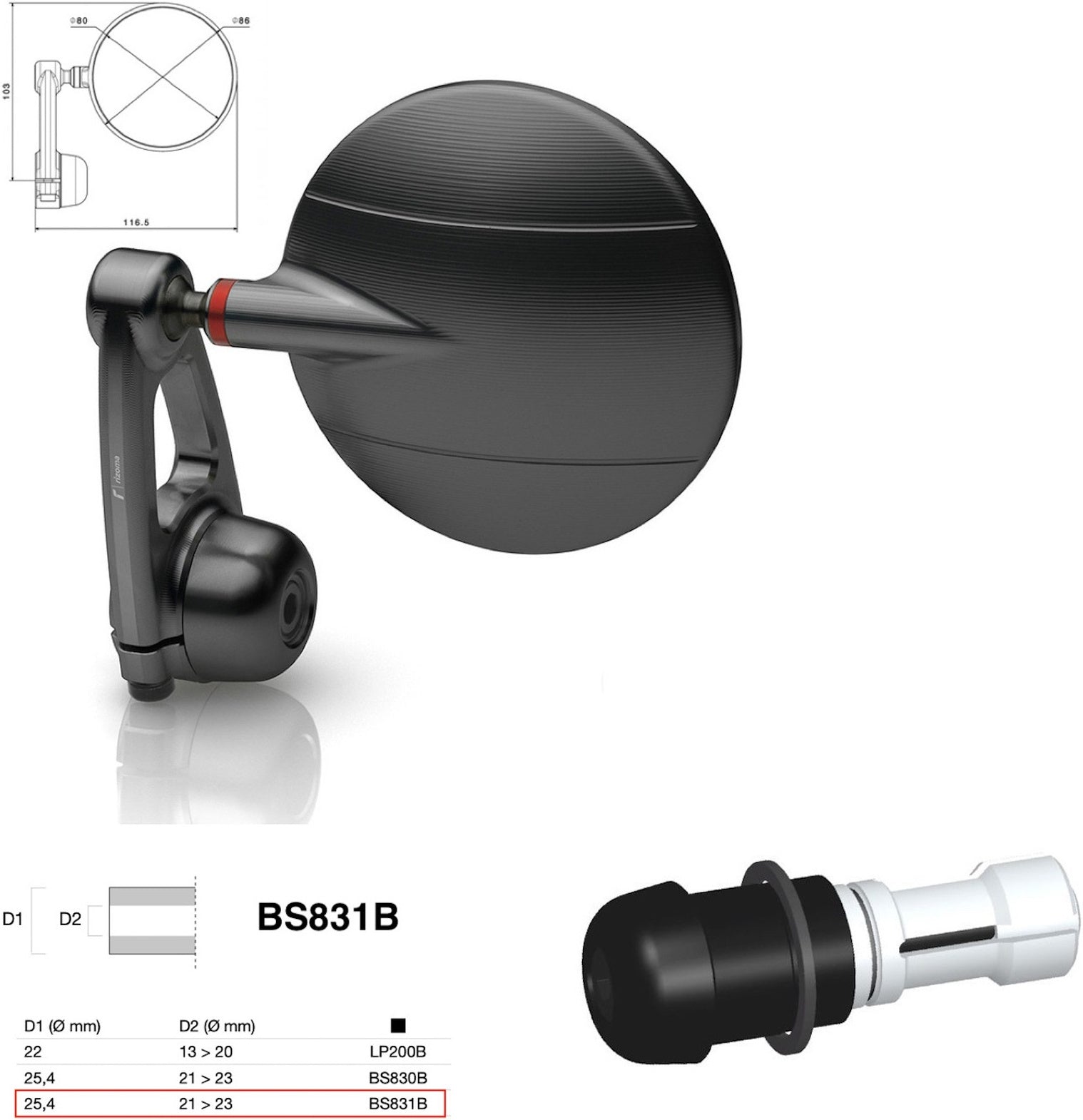 Mirror End Mount Left Universal Ø24,5(21>23) Spy-Arm Ø80 - Rizoma Compatible With Moto Guzzi