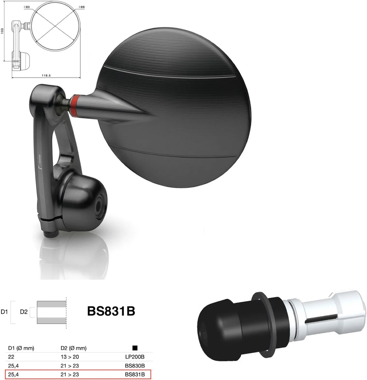 Mirror End Mount Left Universal Ø24,5(21>23) Spy-Arm Ø80 - Rizoma Compatible With Benelli