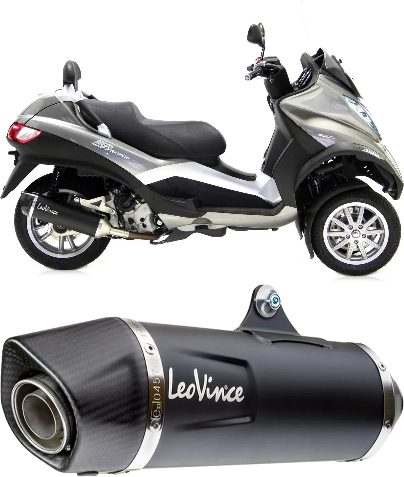 Exhaust Tip With Noise Certification Nero Stainless Steel Carbon Fiber End Cap - Leovince Compatible With Piaggio Mp3 500 (2011-2016)