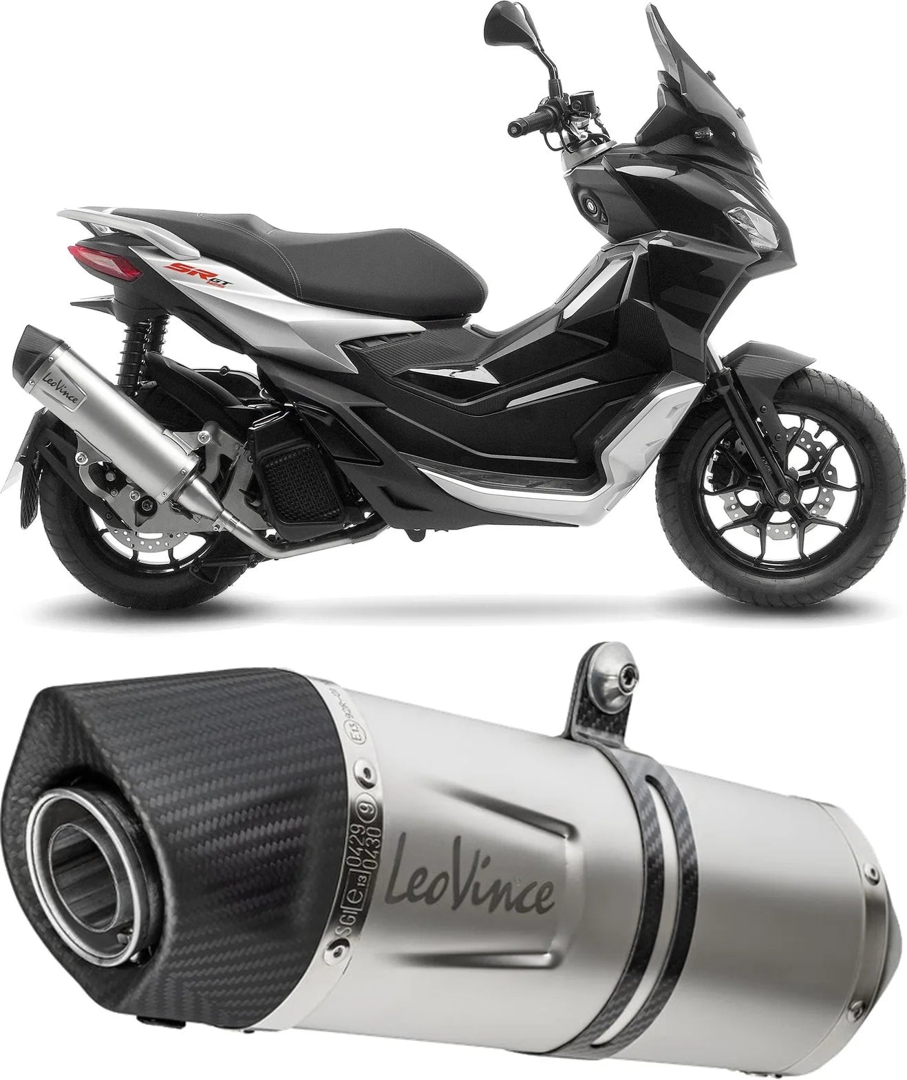 Exhaust Tip With Noise Certification Lv One Evo Stainless Steel Carbon Fiber End Cap - Leovince Compatible With Aprilia Sr Gt 125 - Sport (2022-2024)