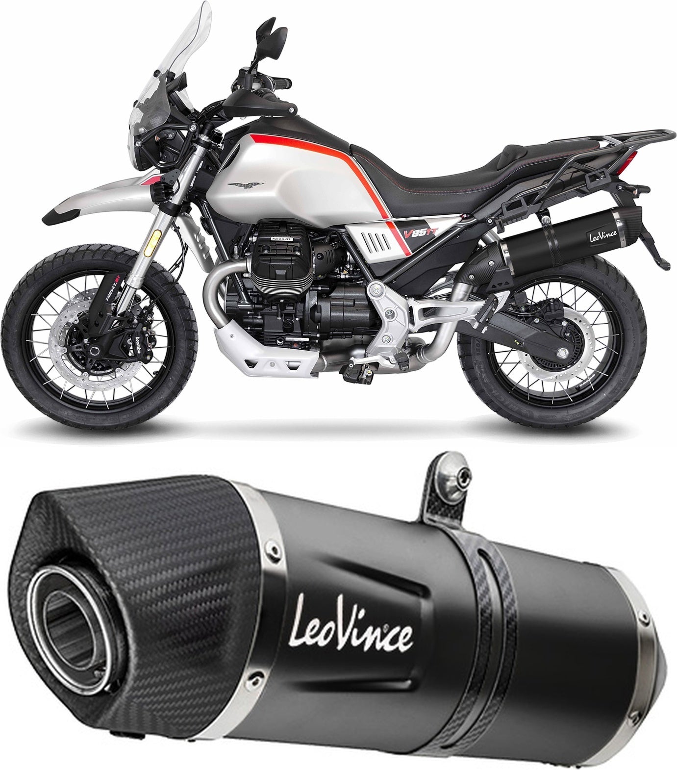 Exhaust Tip With Noise Certification Lv One Evo Steel Black Carbon Fiber End Cap - Leovince Compatible With Moto Guzzi V85 Tt (2024-2026)