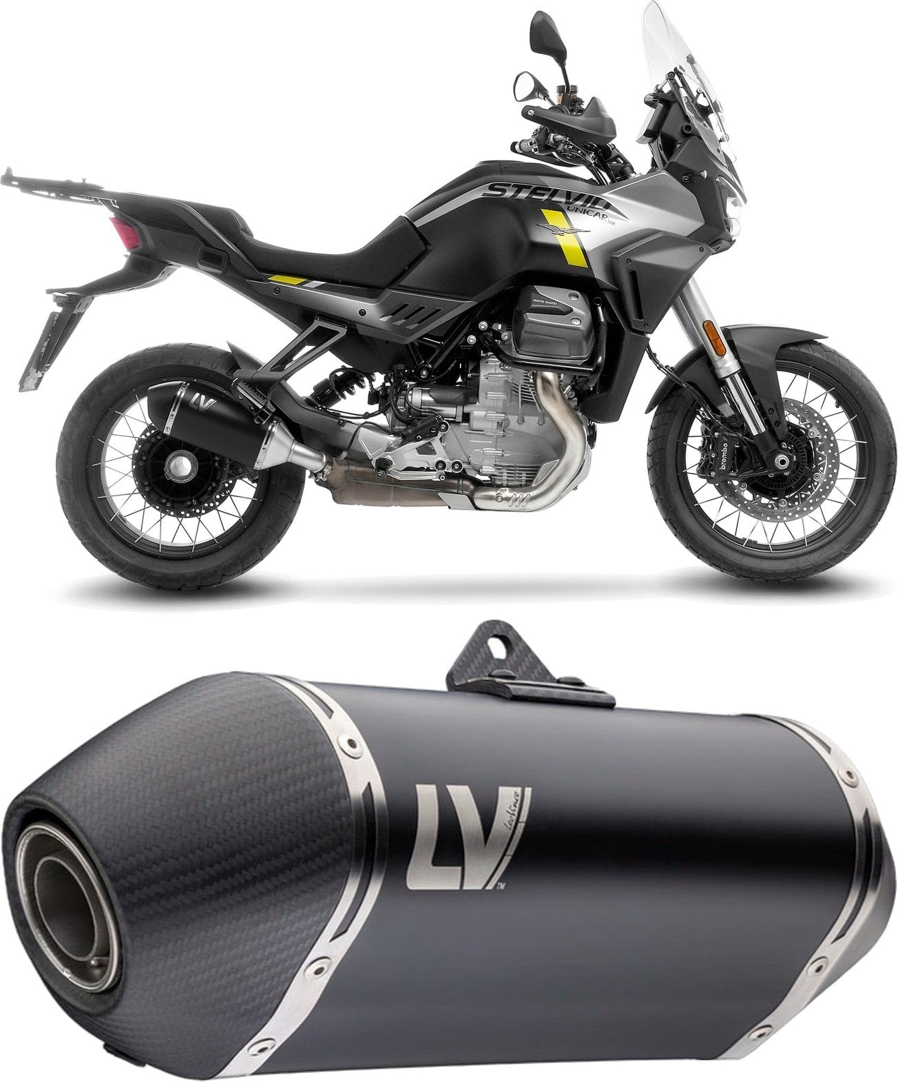 Exhaust Tip With Noise Certification Lv-14 Steel Black Carbon Fiber End Cap - Leovince Compatible With Moto Guzzi Stelvio (2024-2026)