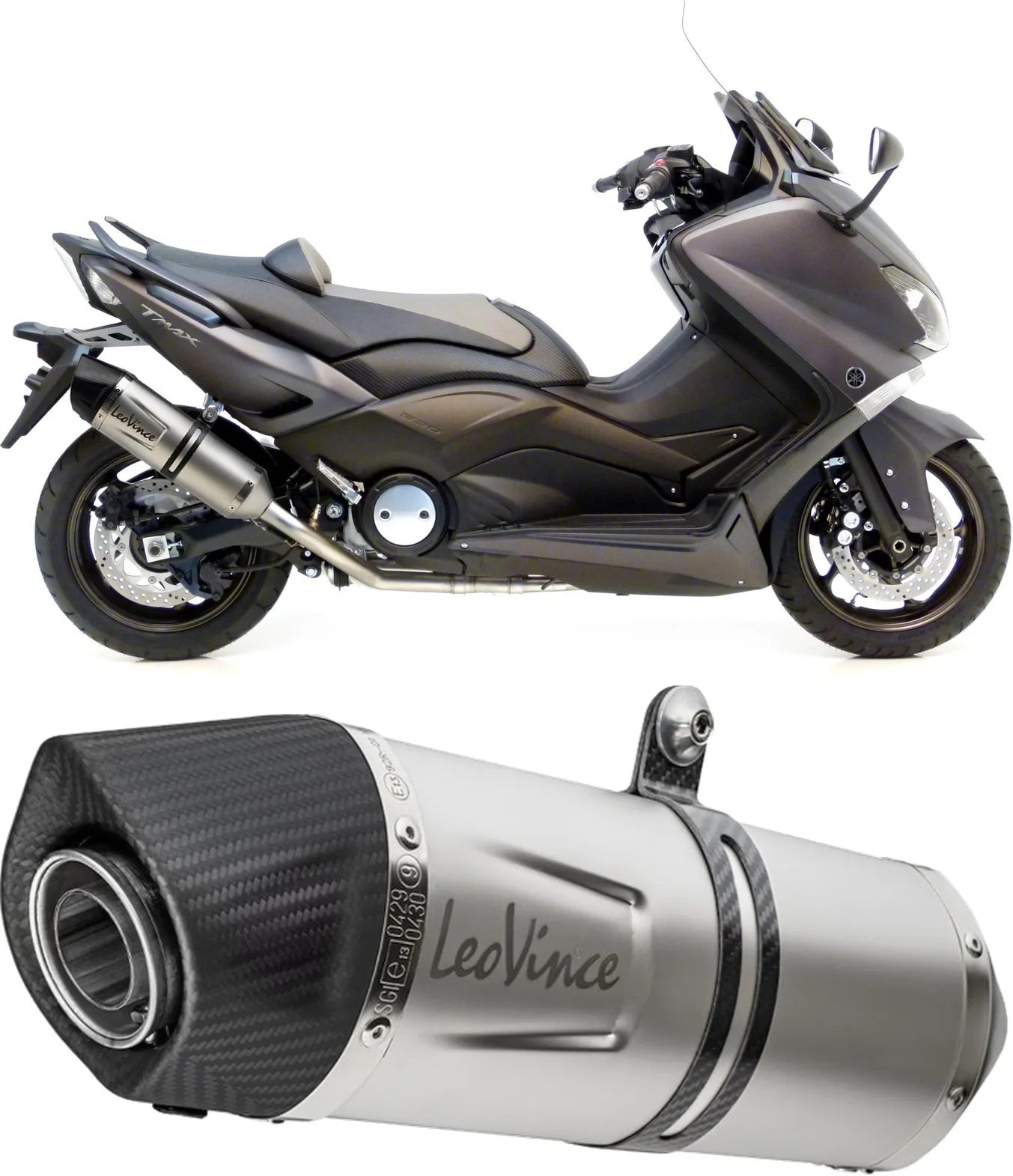 Complete Catalytic Exhaust System With Sound Certification Lv One Evo Stainless Steel Carbon Fiber End Cap - Leovince Compatible With Yamaha Xp 530 T-Max (2012-2016)
