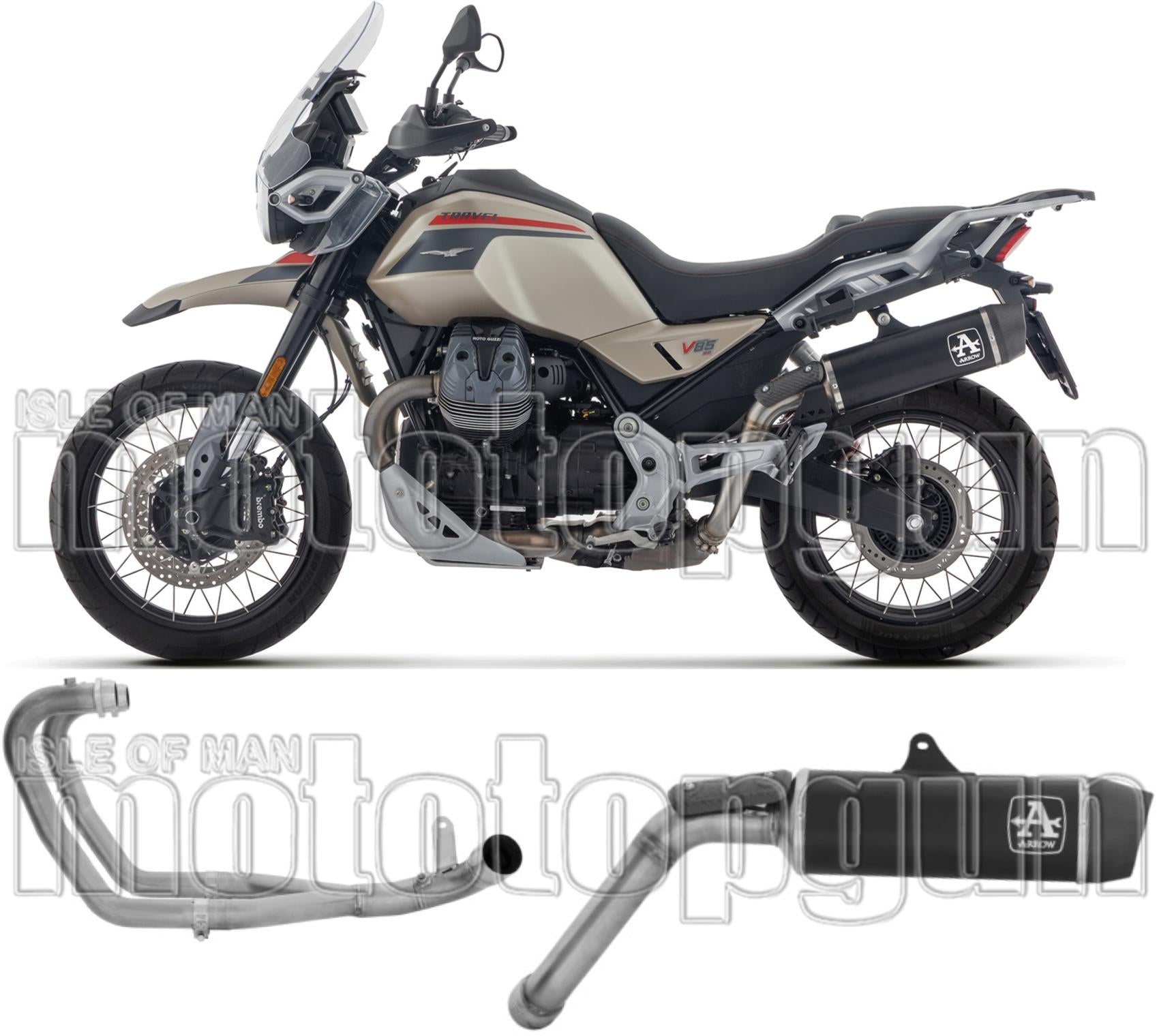 Complete Non-Catalytic Exhaust System With Sound Certification Indy-Race Evo Black Aluminium Carby End Cap - Arrow Special Parts Compatible With Moto Guzzi V85 Tt (2025-2026)