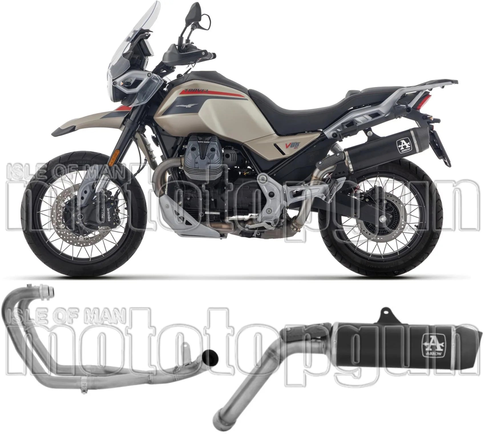 Complete Non-Catalytic Exhaust System With Sound Certification Indy-Race Evo Black Aluminium Carby End Cap - Arrow Special Parts Compatible With Moto Guzzi V85 Tt (2025-2026)