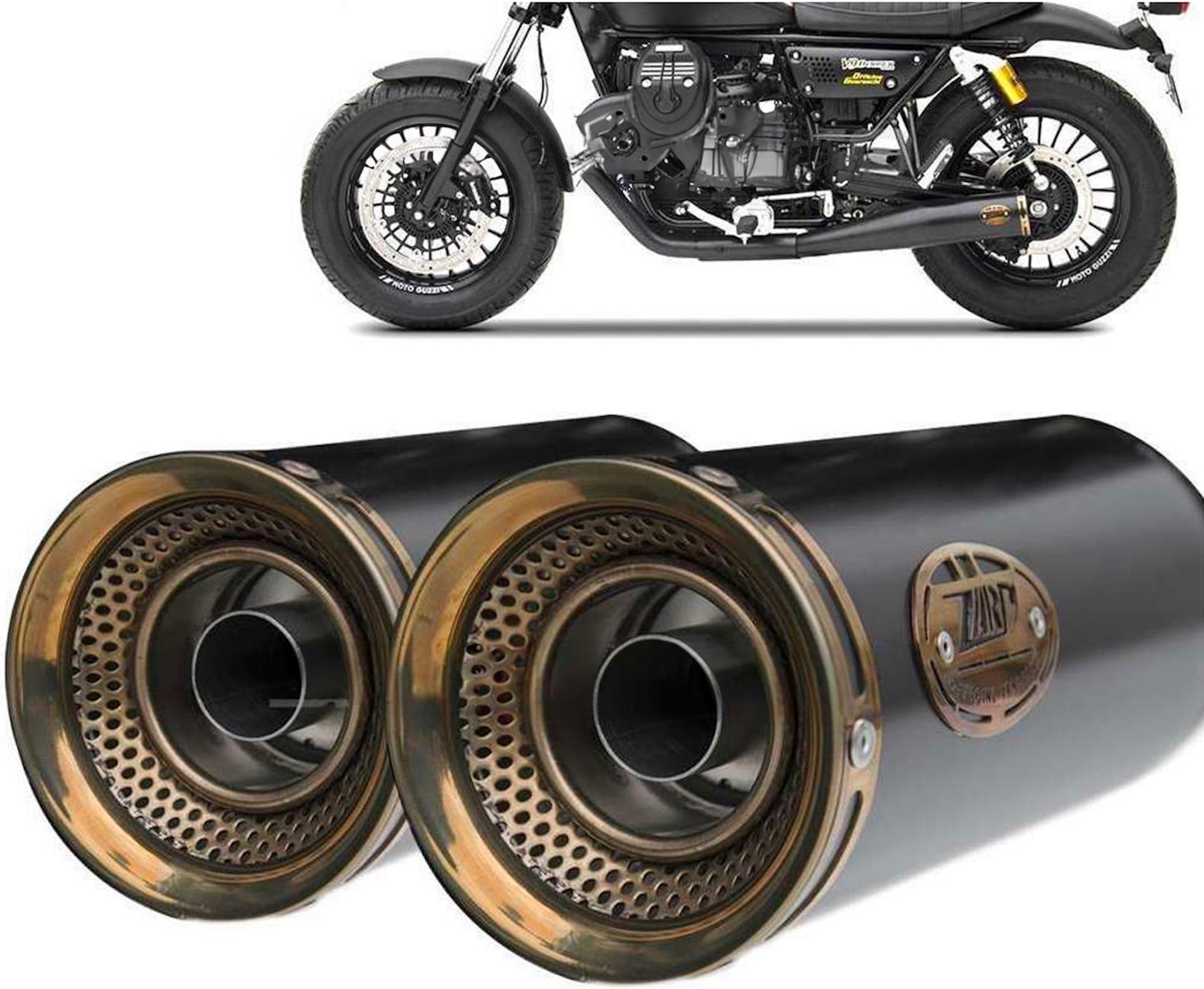 Exhaust Tip With Noise Certification Slim Steel Black Endcap Bronze - Zard Compatible With Moto Guzzi V9 Roamer (2016-2019)